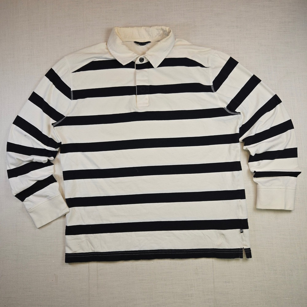 Nautica Striped Long Sleeve Rugby Shirt Size Medium Men's White Navy Blue FLAWS